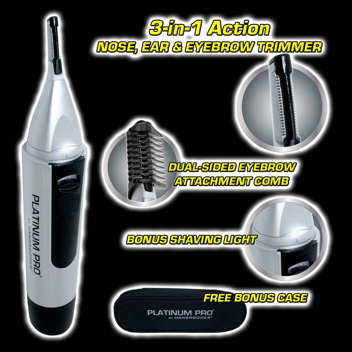 PLATINUM PRO by MANGROOMER -  New Advanced Nose Trimmer, Ear Hair Trimmer and Eyebrow Trimmer with Bonus Light and Exclusive Storage Case!