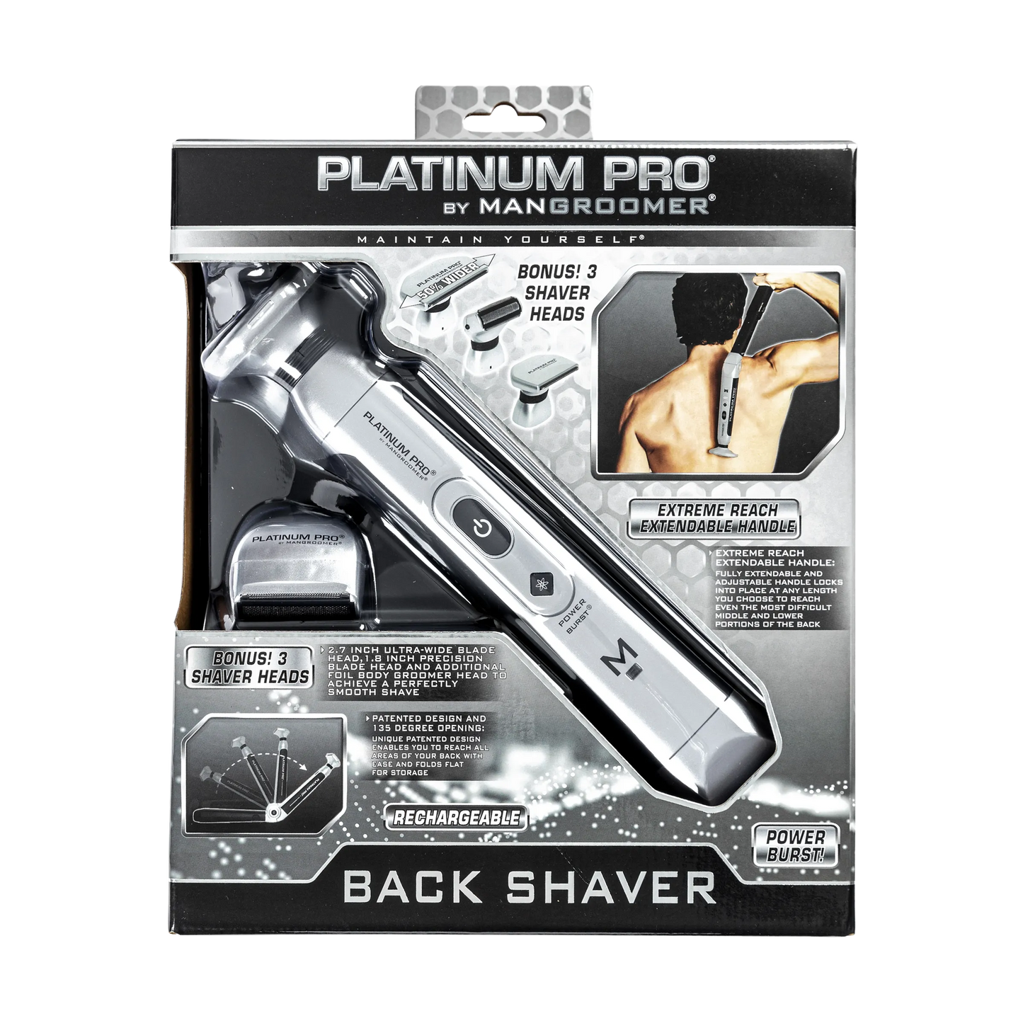 PLATINUM PRO by MANGROOMER - New Back Shaver with 3 Shock Absorber Flex Heads, Power Hinge, Extreme Reach Handle & Bonus Case! (Generation 8.0)