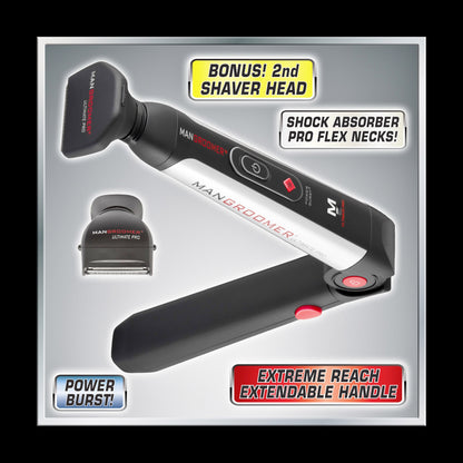 MANGROOMER ULTIMATE PRO Rechargeable Electric Back Hair Shaver with Extreme Reach Handle, Shock Absorbing Neck & Head, Power Burst and 2 Attachment Heads