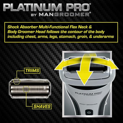 PLATINUM PRO by MANGROOMER - New Body Groomer, Ball Groomer and Body Trimmer with Lithium Max Battery, Bonus Extra Foil and Storage Case!