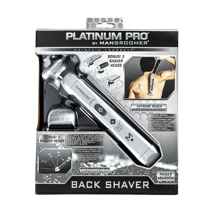 PLATINUM PRO by MANGROOMER - New Back Shaver with 3 Shock Absorber Flex Heads, Power Hinge, Extreme Reach Handle & Bonus Case! (Generation 8.0)