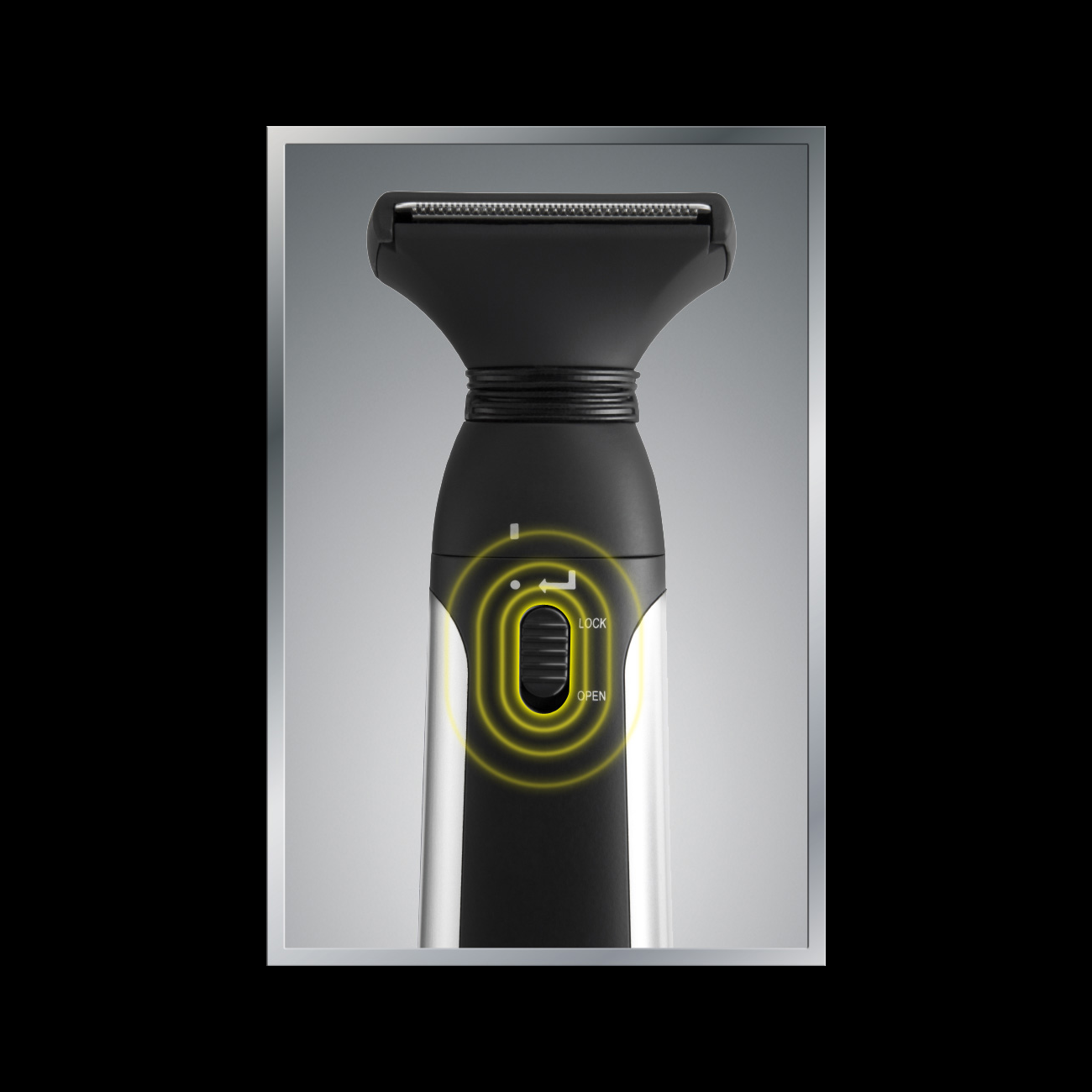 Easily switch out the attachment heads with the lock and open button on the underside of the ULTIMATE PRO Back Hair Shaver.